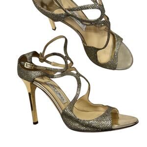 Jimmy Choo Silver Gold Sparkle Strappy Heels Womens 9 Leather Glitter Glam Shoe